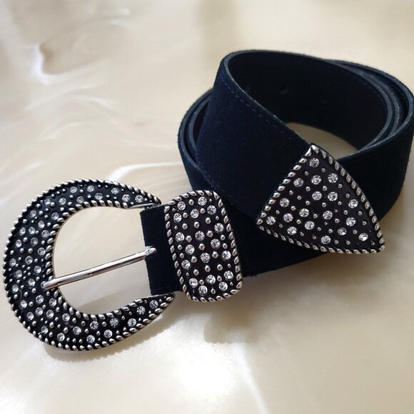 Genuine Italian Leather Belt Bling Buckle Rhinestones Silver Tone Hardware - Picture 1 of 15